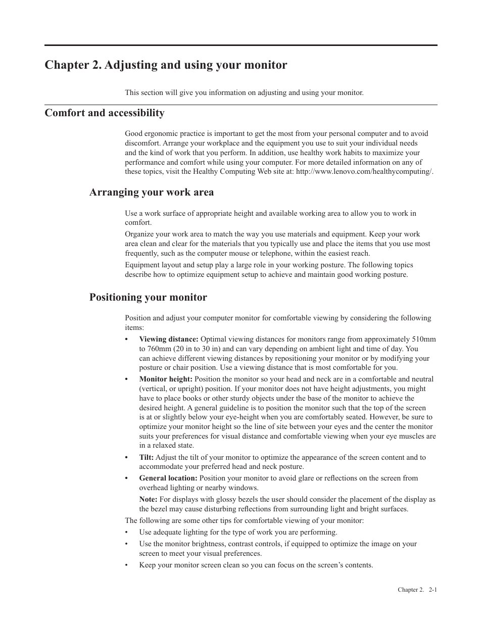 Chapter 2. adjusting and using your monitor, Comfort and accessibility, Arranging your work area | Positioning your monitor, Chapter 2� adjusting and using your monitor | Lenovo Li2341t Wide Flat Panel Monitor User Manual | Page 12 / 34