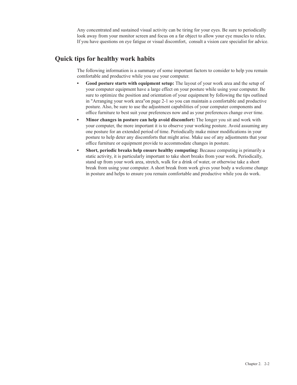 Quick tips for healthy work habits | Lenovo Li2341t Wide Flat Panel Monitor User Manual | Page 13 / 34