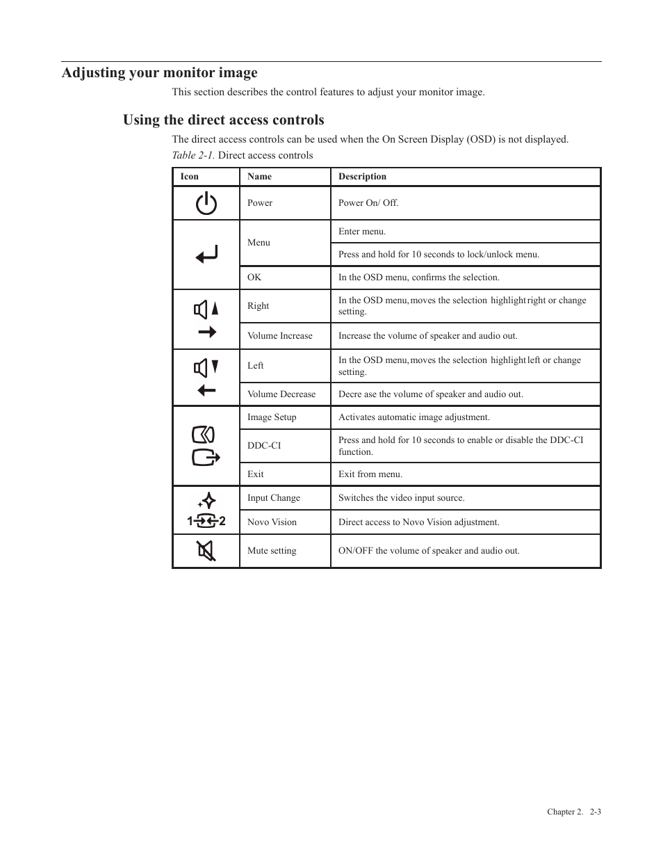 Adjusting your monitor image, Using the direct access controls | Lenovo Li2341t Wide Flat Panel Monitor User Manual | Page 14 / 34