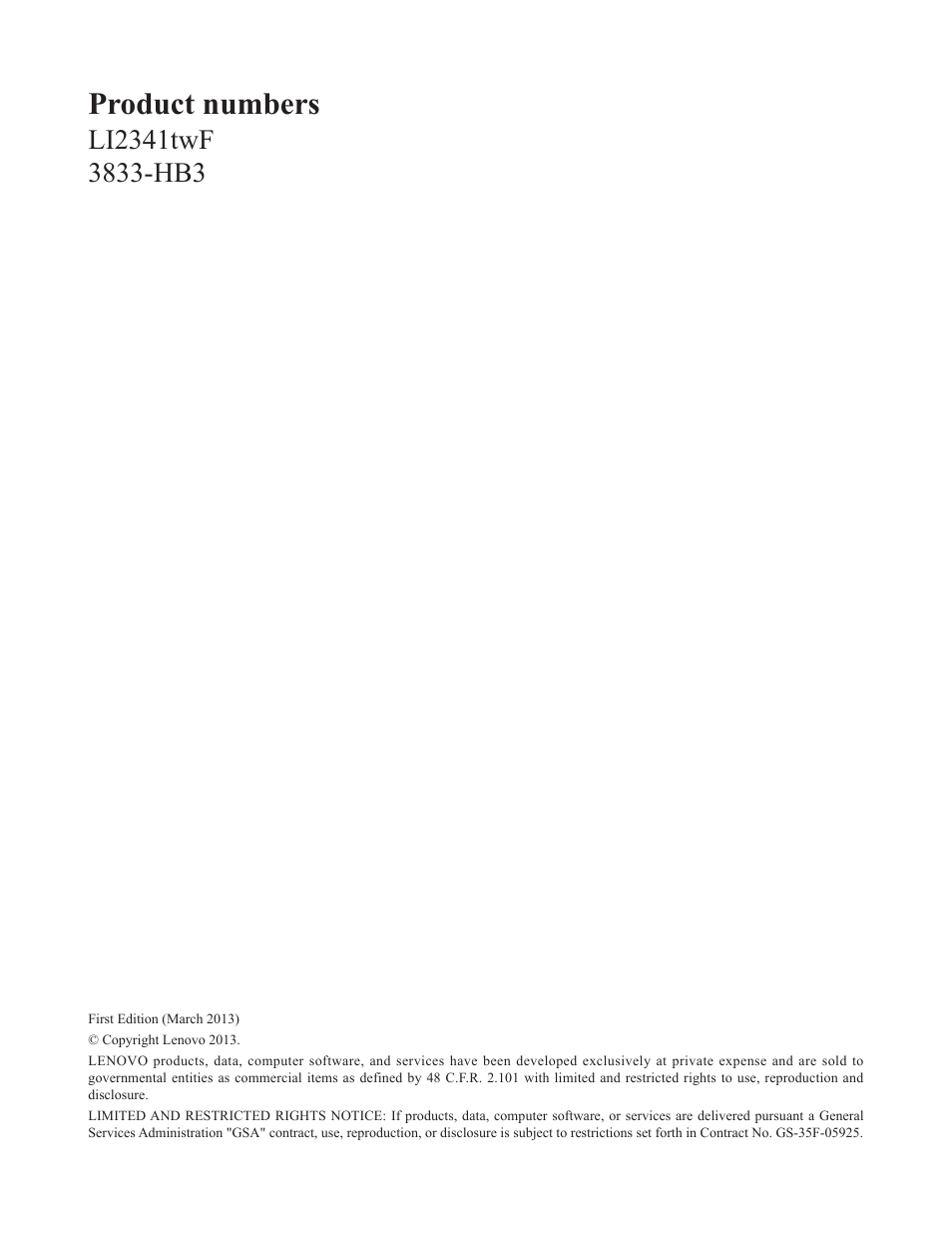 Product numbers | Lenovo Li2341t Wide Flat Panel Monitor User Manual | Page 2 / 34