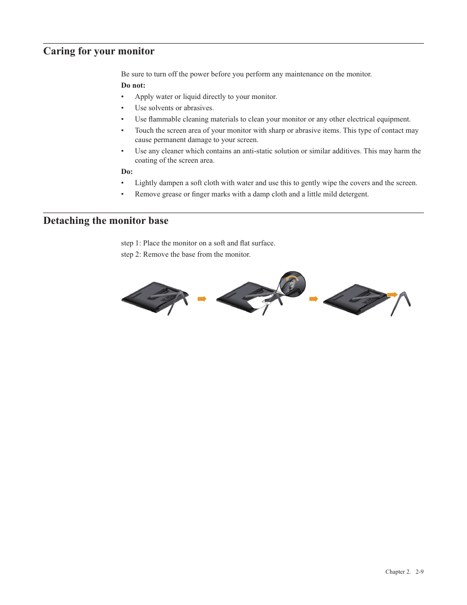 Caring for your monitor, Detaching the monitor base | Lenovo Li2341t Wide Flat Panel Monitor User Manual | Page 20 / 34