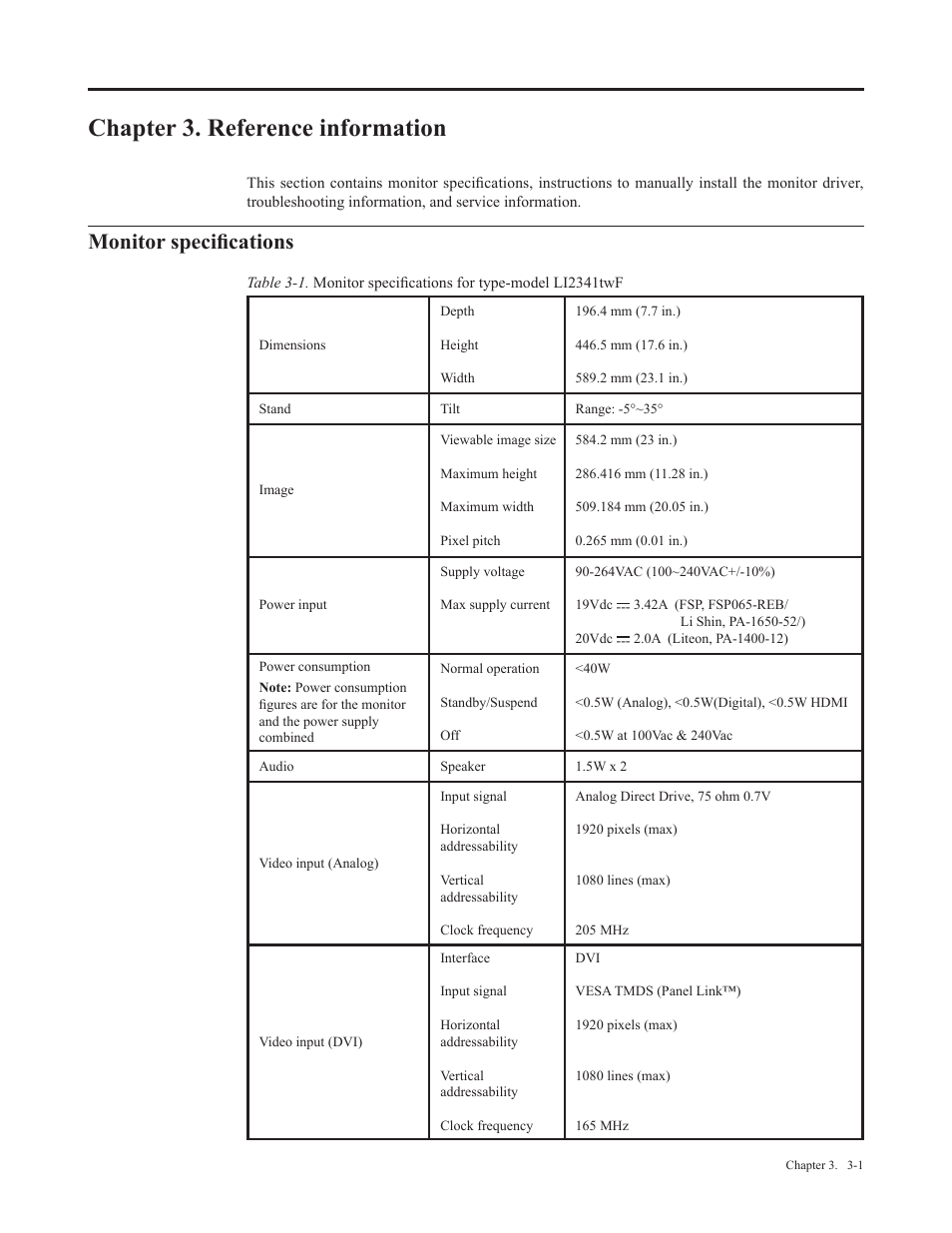 Chapter 3. reference information, Monitor specifications, Chapter 3� reference information | Lenovo Li2341t Wide Flat Panel Monitor User Manual | Page 21 / 34
