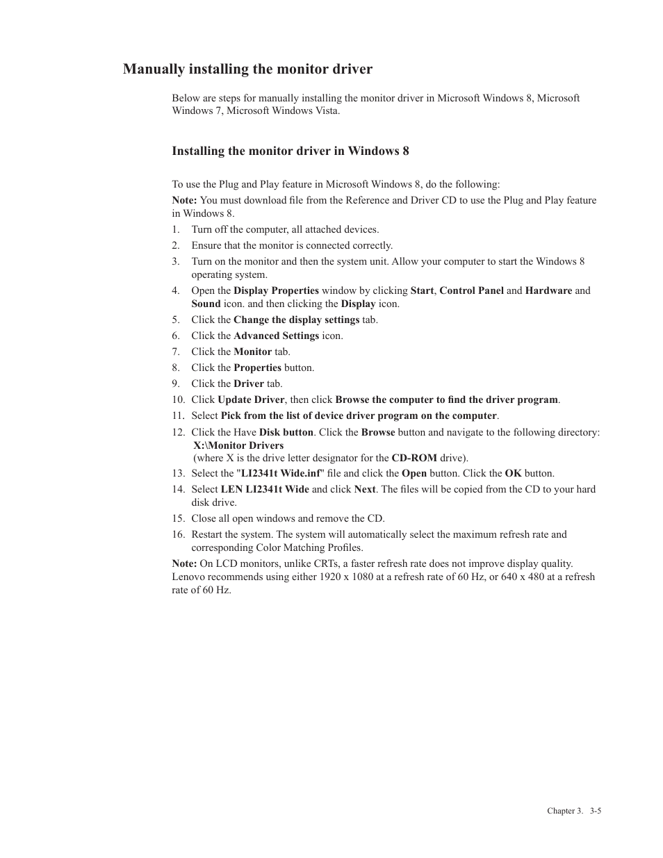 Manually installing the monitor driver, Installing the monitor driver in windows 8 | Lenovo Li2341t Wide Flat Panel Monitor User Manual | Page 25 / 34