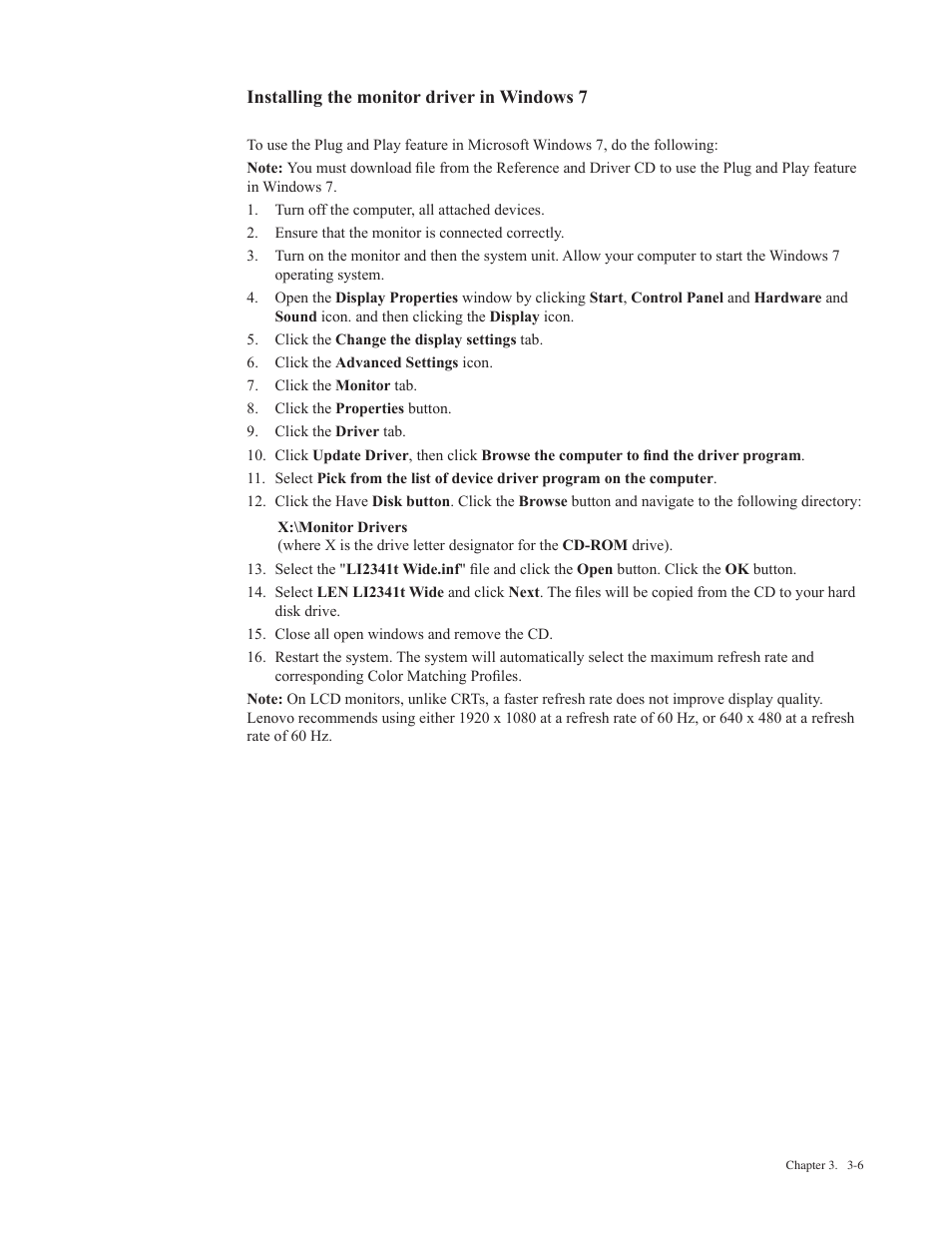 Installing the monitor driver in windows 7 | Lenovo Li2341t Wide Flat Panel Monitor User Manual | Page 26 / 34