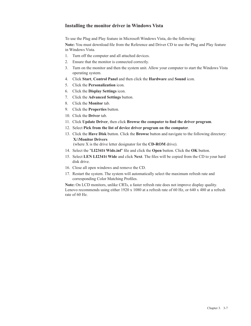 Installing the monitor driver in windows vista | Lenovo Li2341t Wide Flat Panel Monitor User Manual | Page 27 / 34