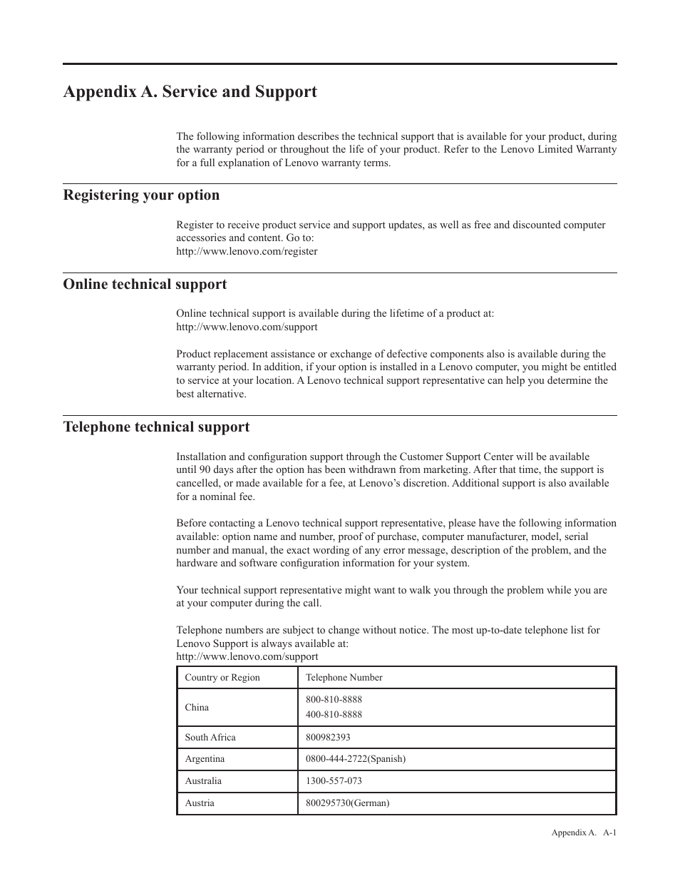 Appendix a. service and support, Registering your option, Online technical support | Telephone technical support, Appendix a� service and support | Lenovo Li2341t Wide Flat Panel Monitor User Manual | Page 28 / 34