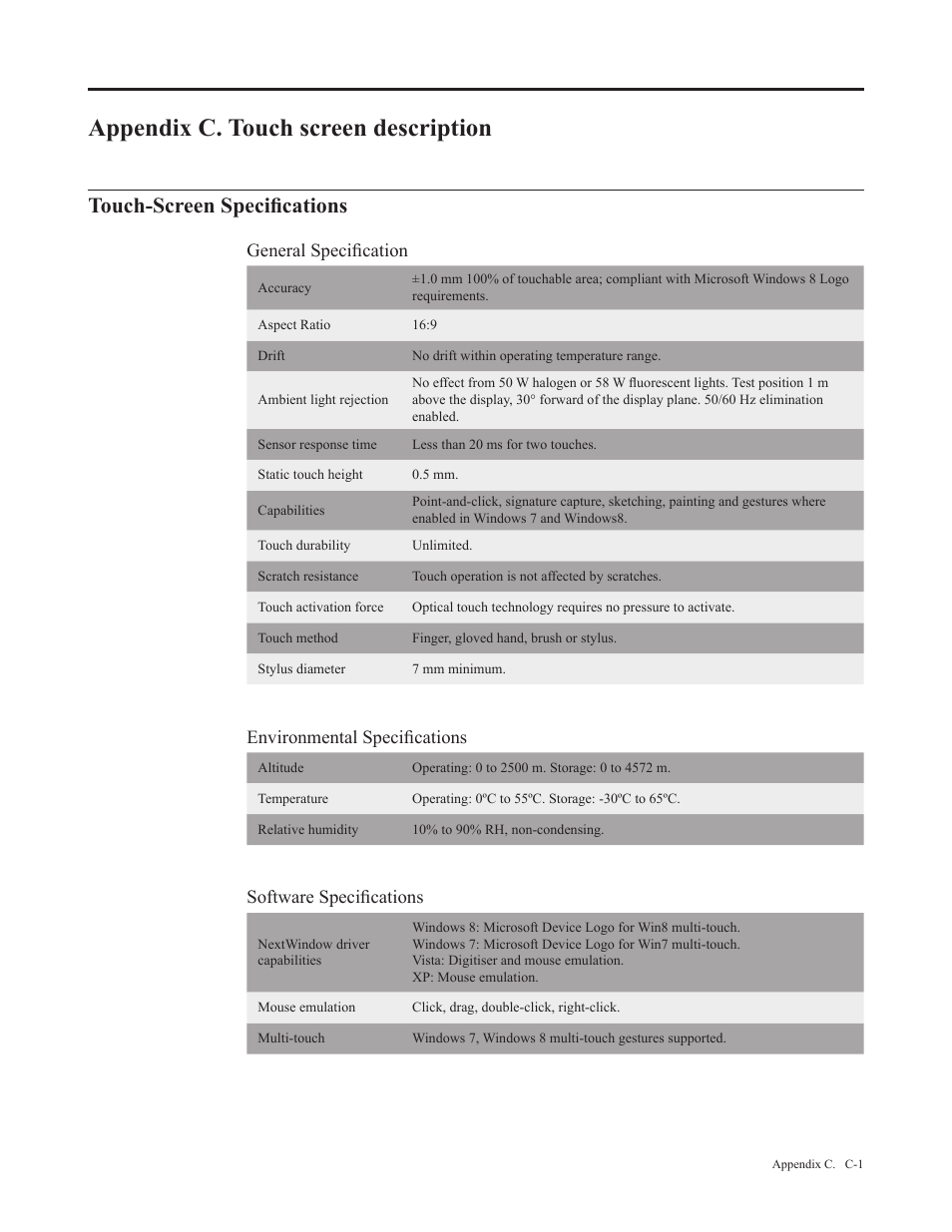 Appendix c. touch screen description, Touch-screen specifications, Appendix c� touch screen description | General specification, Environmental specifications, Software specifications | Lenovo Li2341t Wide Flat Panel Monitor User Manual | Page 32 / 34