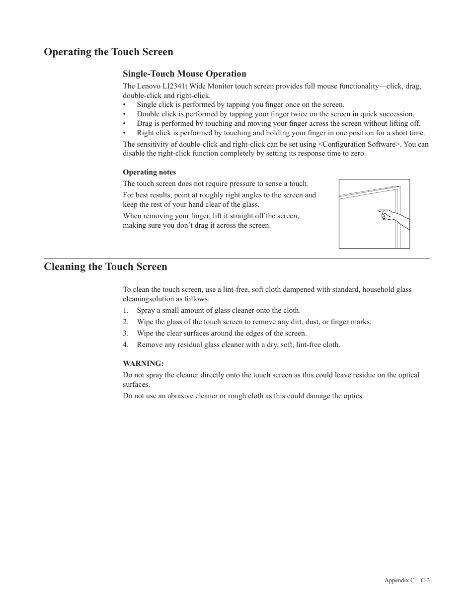 Operating the touch screen, Cleaning the touch screen | Lenovo Li2341t Wide Flat Panel Monitor User Manual | Page 34 / 34
