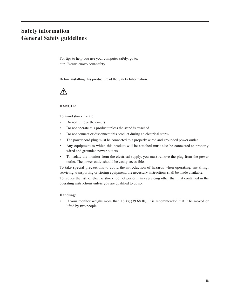Safety information, General safety guidelines, Safety information general safety guidelines | Lenovo Li2341t Wide Flat Panel Monitor User Manual | Page 4 / 34