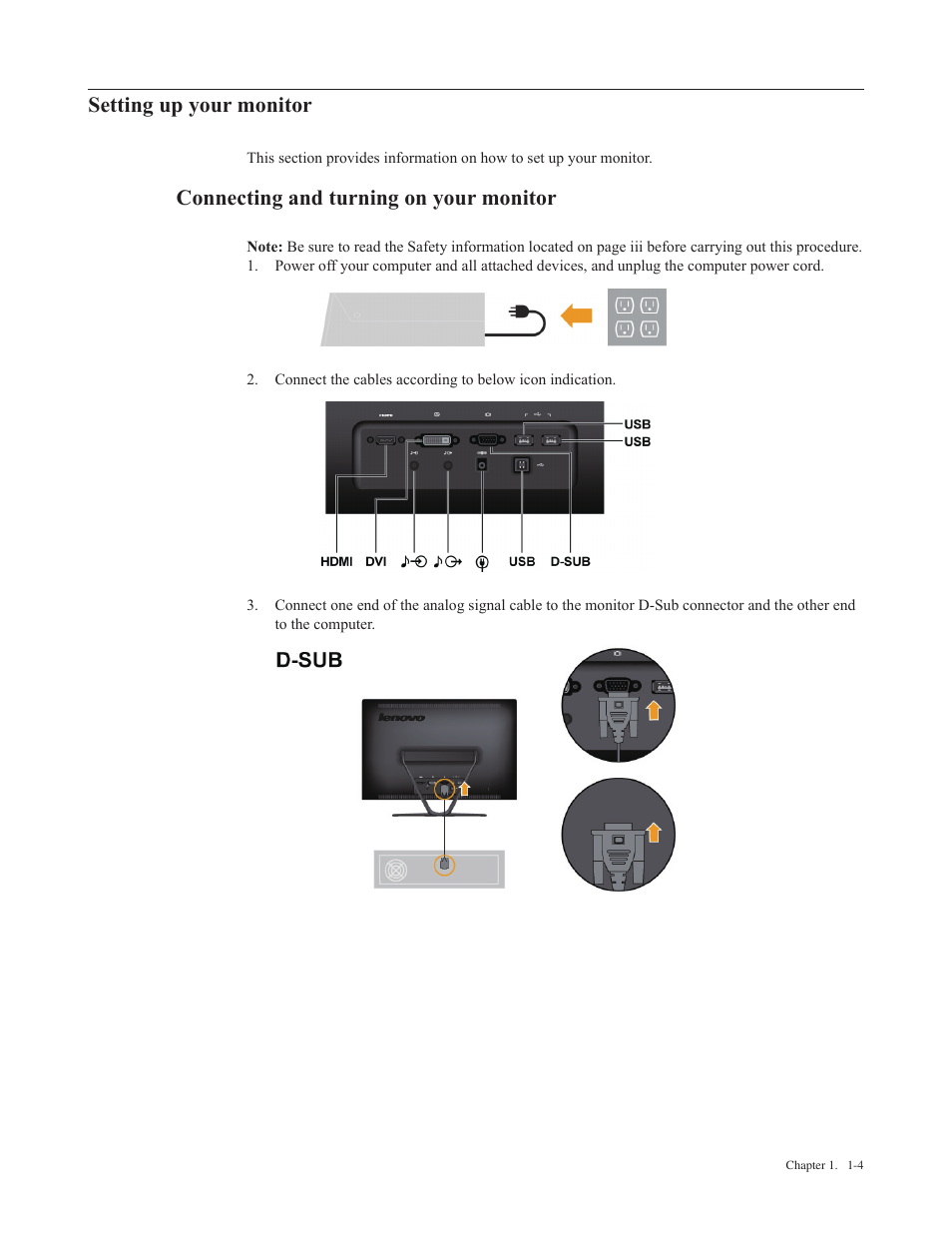 Setting up your monitor, Connecting and turning on your monitor | Lenovo Li2341t Wide Flat Panel Monitor User Manual | Page 8 / 34
