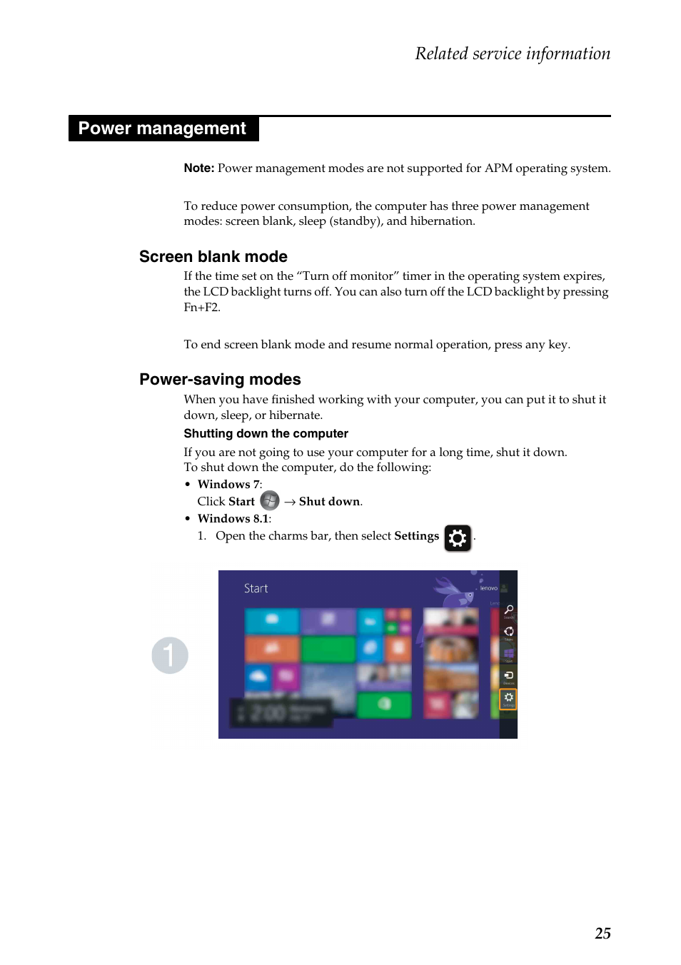 Power management, Screen blank mode, Power-saving modes | Screen blank mode power-saving modes, Related service information | Lenovo E10-30 User Manual | Page 29 / 86