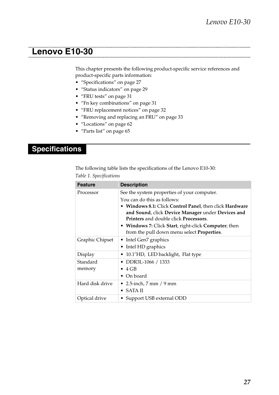 Lenovo e10-30, Specifications, Untitled | Lenovo e10-30 specifications | Lenovo E10-30 User Manual | Page 31 / 86