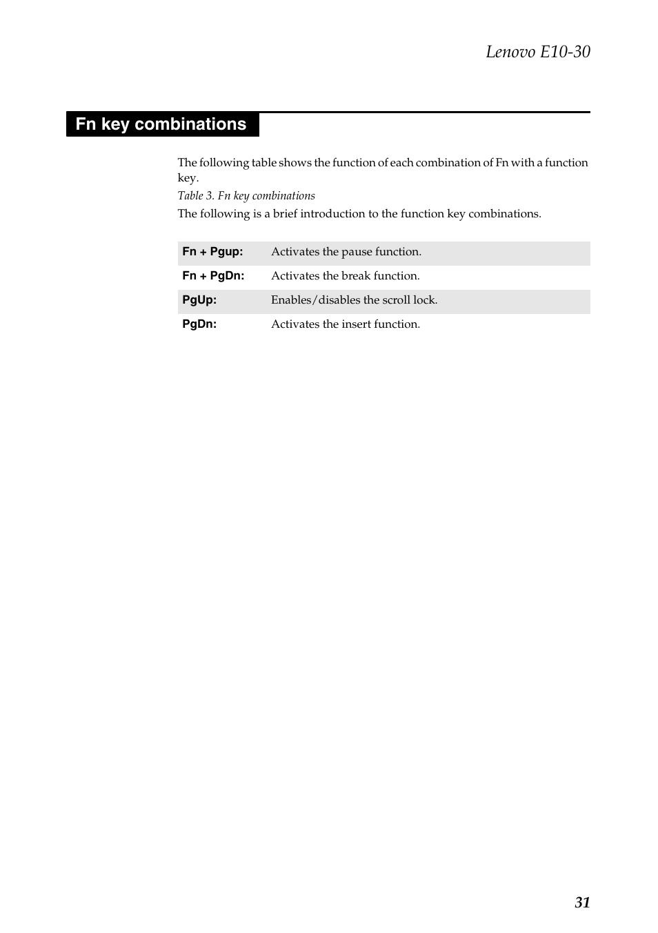 Fn key combinations, Lenovo e10-30 | Lenovo E10-30 User Manual | Page 35 / 86