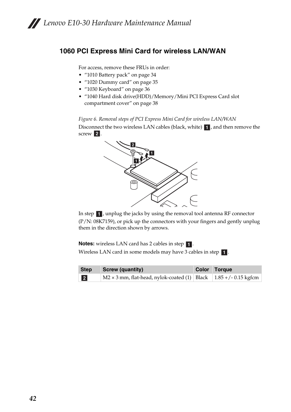 1060 pci express mini card for wireless lan/wan, Lenovo e10-30 hardware maintenance manual | Lenovo E10-30 User Manual | Page 46 / 86