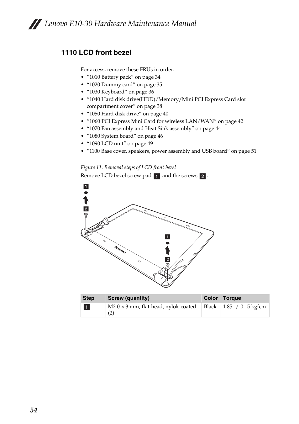 1110 lcd front bezel, Lenovo e10-30 hardware maintenance manual | Lenovo E10-30 User Manual | Page 58 / 86