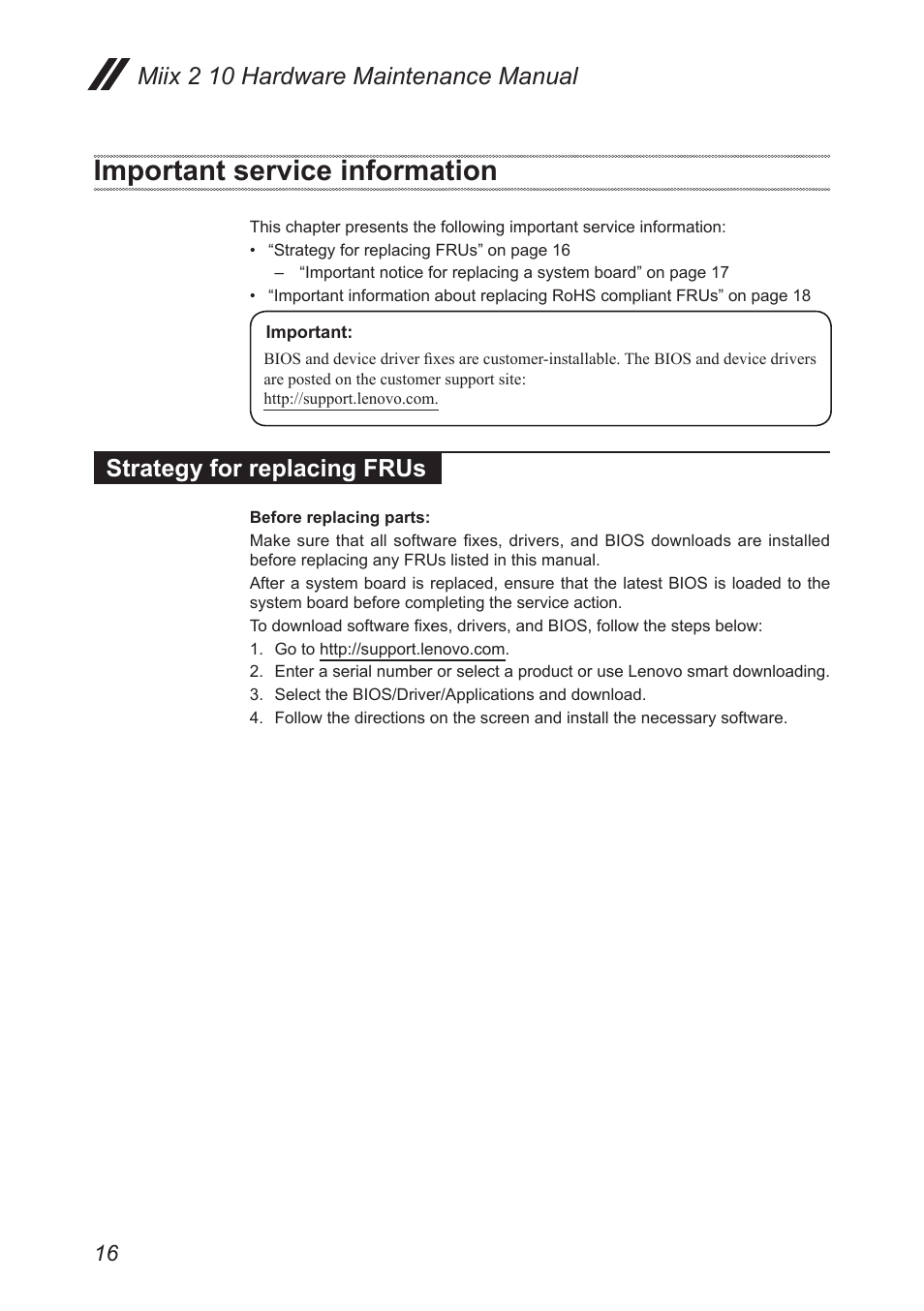 Important service information, Strategy for replacing frus, Miix 2 10 hardware maintenance manual | Lenovo Miix 2 10 Tablet Lenovo User Manual | Page 20 / 62