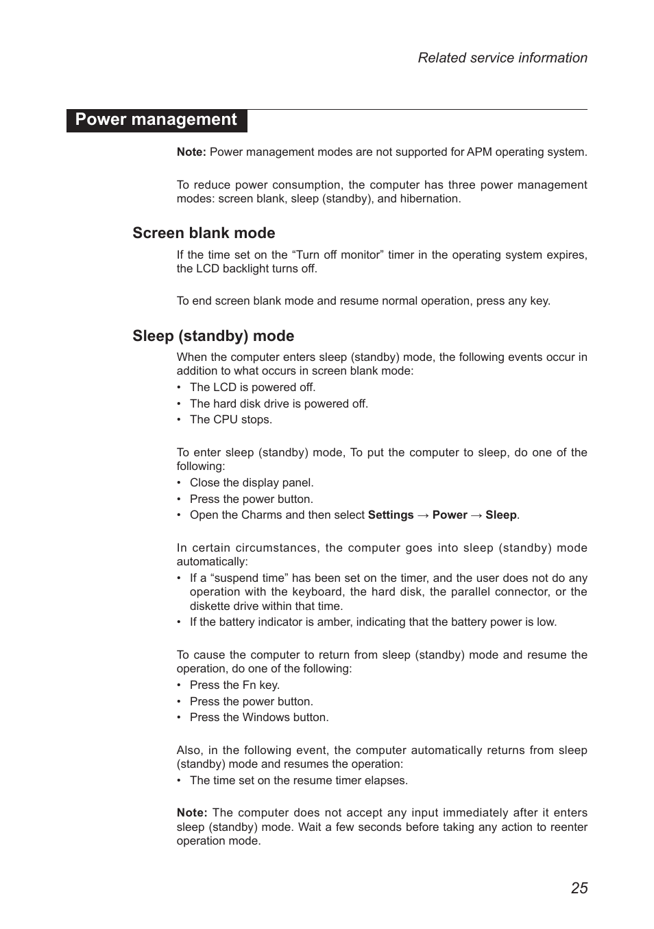 Power management, Screen blank mode, Sleep (standby) mode | Lenovo Miix 2 10 Tablet Lenovo User Manual | Page 29 / 62