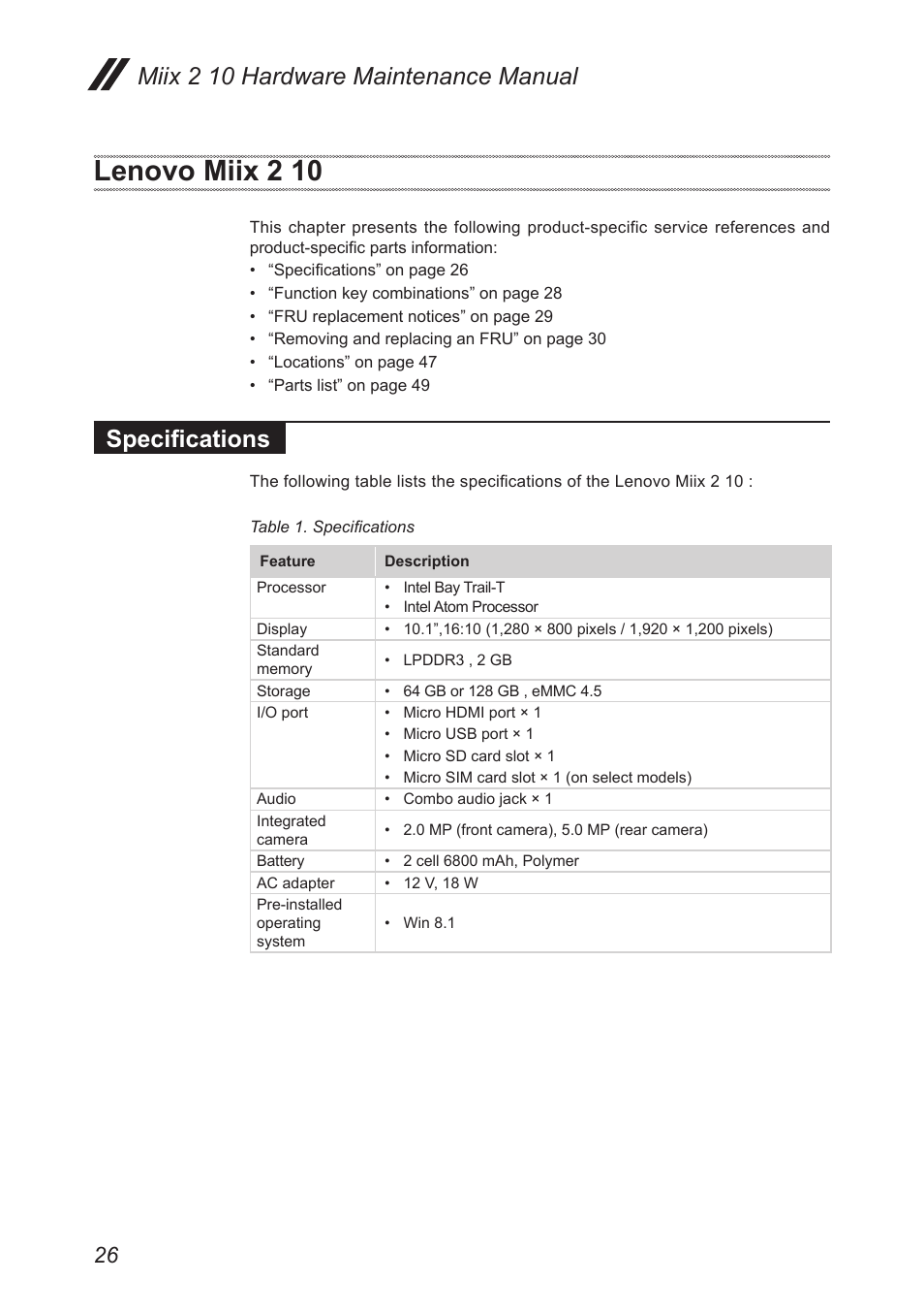Lenovo miix 2 10, Specifications, Miix 2 10 hardware maintenance manual | Lenovo Miix 2 10 Tablet Lenovo User Manual | Page 30 / 62