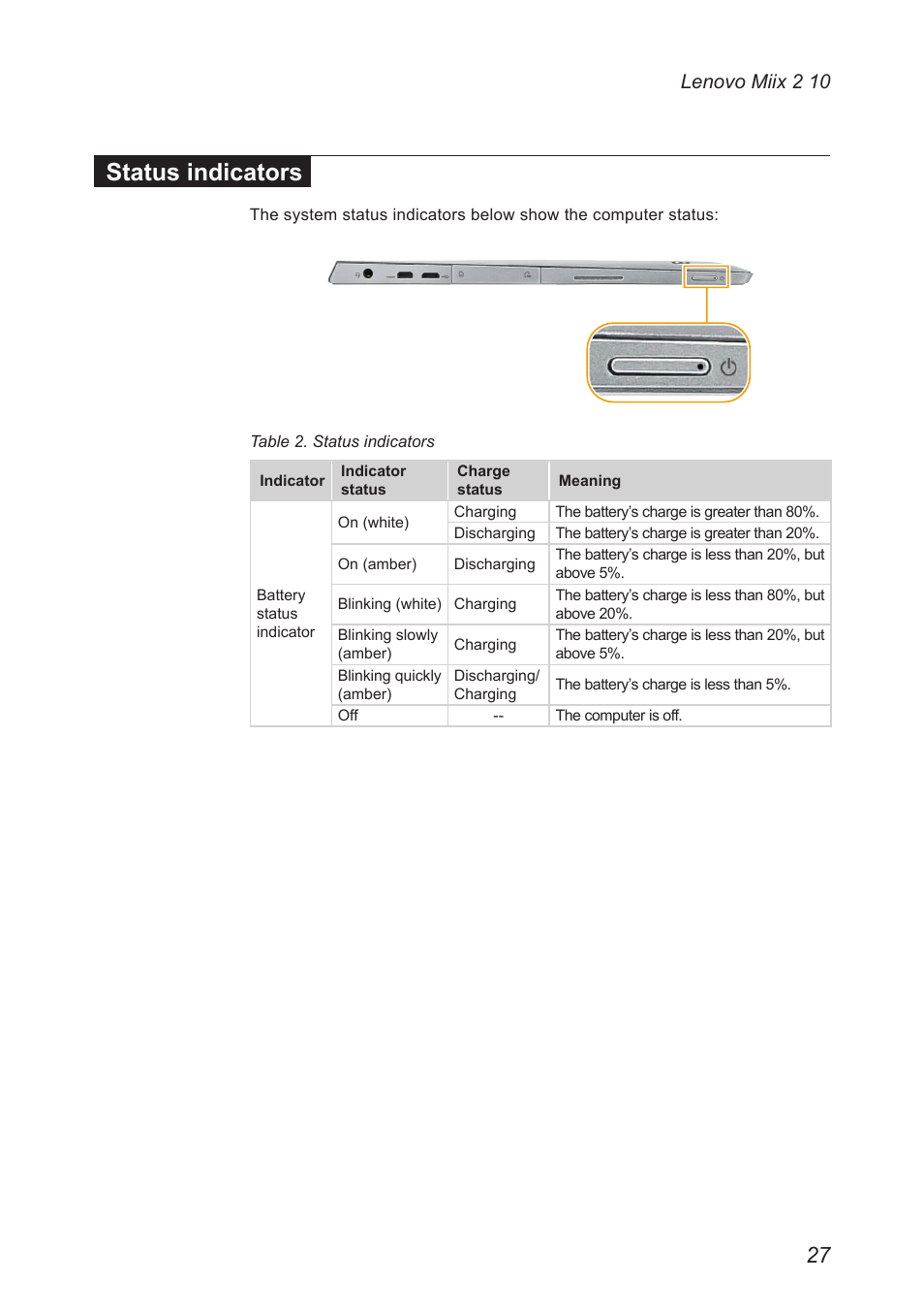 Status indicators, Lenovo miix 2 10 | Lenovo Miix 2 10 Tablet Lenovo User Manual | Page 31 / 62