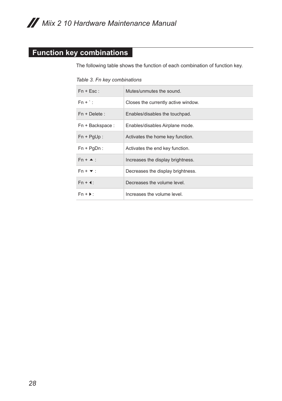 Function key combinations | Lenovo Miix 2 10 Tablet Lenovo User Manual | Page 32 / 62