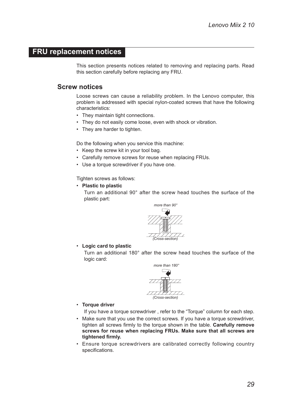 Fru replacement notices, Screw notices | Lenovo Miix 2 10 Tablet Lenovo User Manual | Page 33 / 62