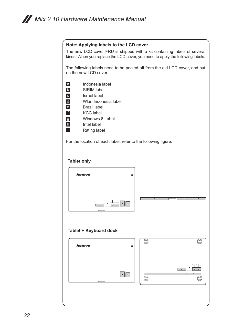 Miix 2 10 hardware maintenance manual, Tablet only, Tablet + keyboard dock | Indonesia label, Sirim label, Israel label, Wlan indonesia label, Brazil label, Kcc label, Windows 8 label | Lenovo Miix 2 10 Tablet Lenovo User Manual | Page 36 / 62