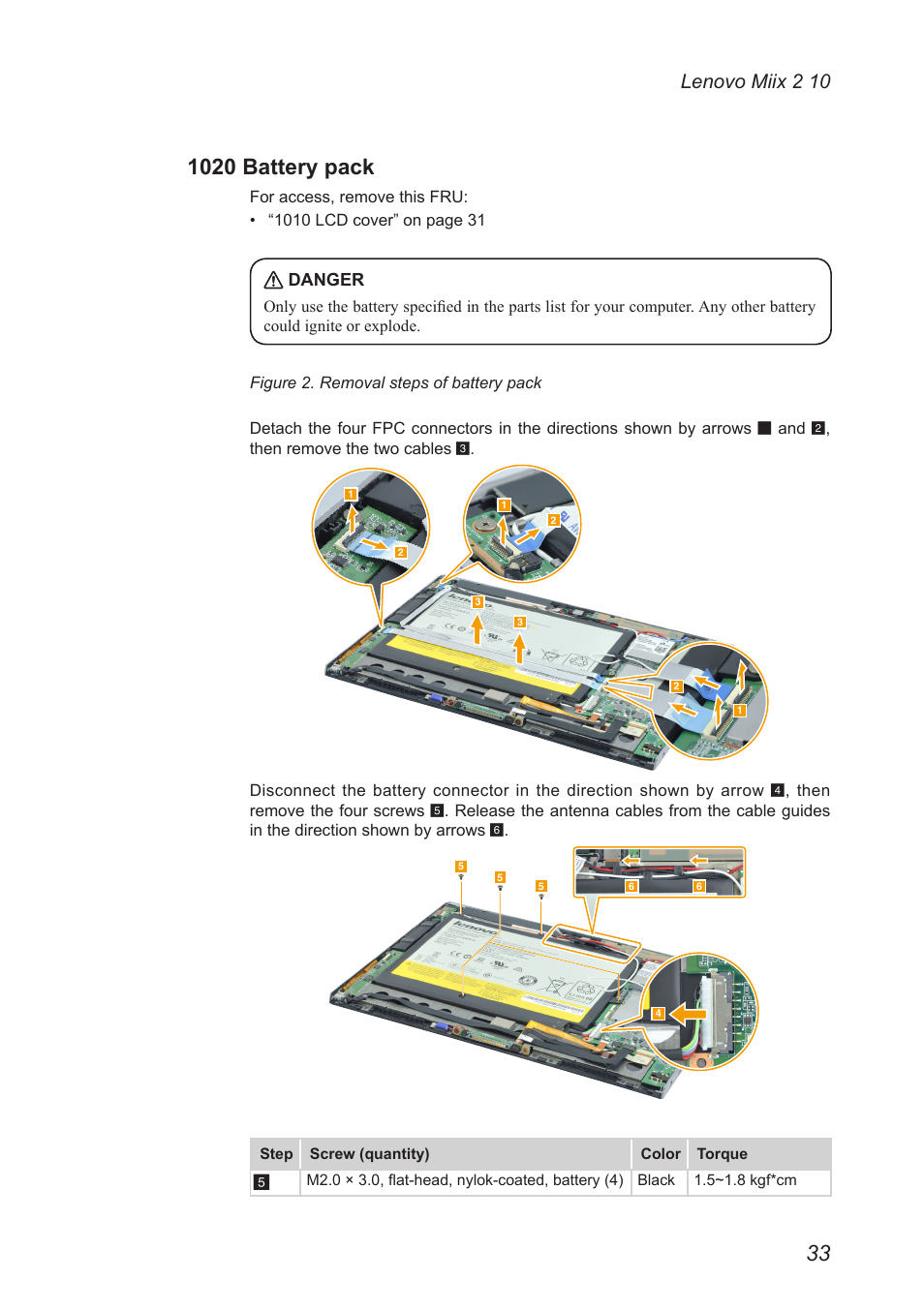 1020 battery pack, Lenovo miix 2 10, Danger | Lenovo Miix 2 10 Tablet Lenovo User Manual | Page 37 / 62