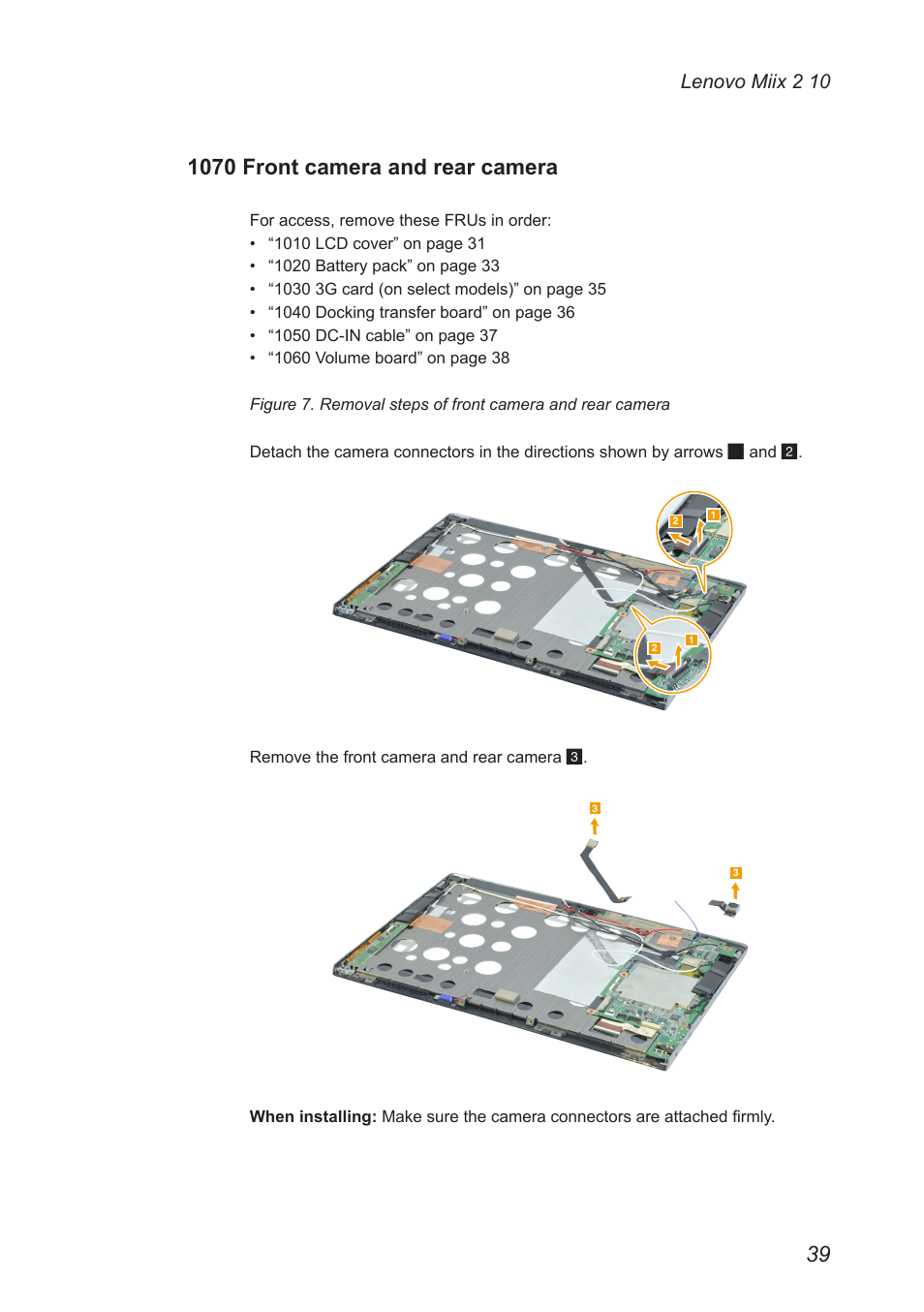 1070 front camera and rear camera, Lenovo miix 2 10 | Lenovo Miix 2 10 Tablet Lenovo User Manual | Page 43 / 62