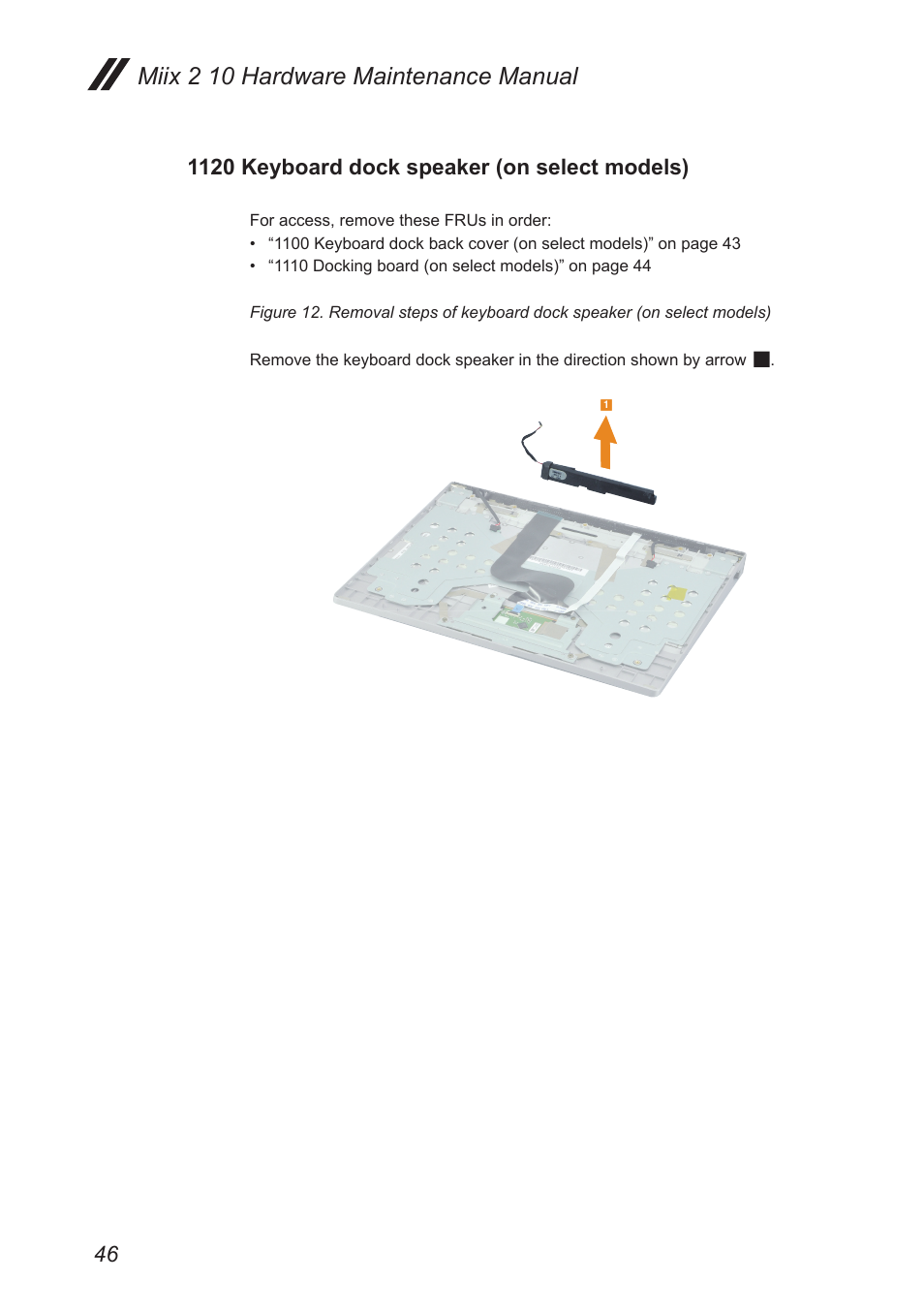 1120 speaker (on select models), 1120 keyboard dock speaker, On select models) | Miix 2 10 hardware maintenance manual, 1120 keyboard dock speaker (on select models) | Lenovo Miix 2 10 Tablet Lenovo User Manual | Page 50 / 62