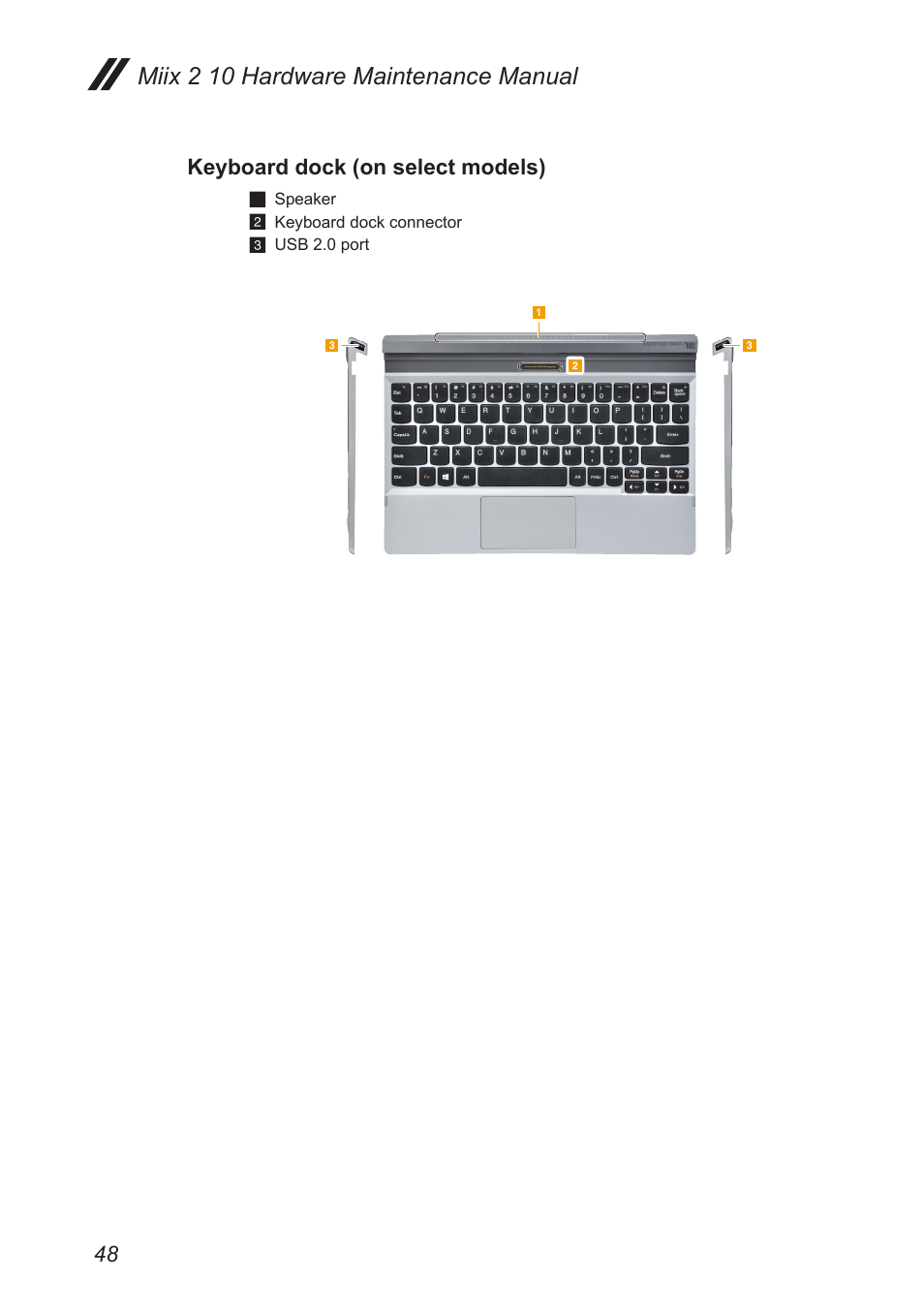 Keyboard dock (on select models), Miix 2 10 hardware maintenance manual, Speaker | Keyboard dock connector, Usb 2.0 port | Lenovo Miix 2 10 Tablet Lenovo User Manual | Page 52 / 62