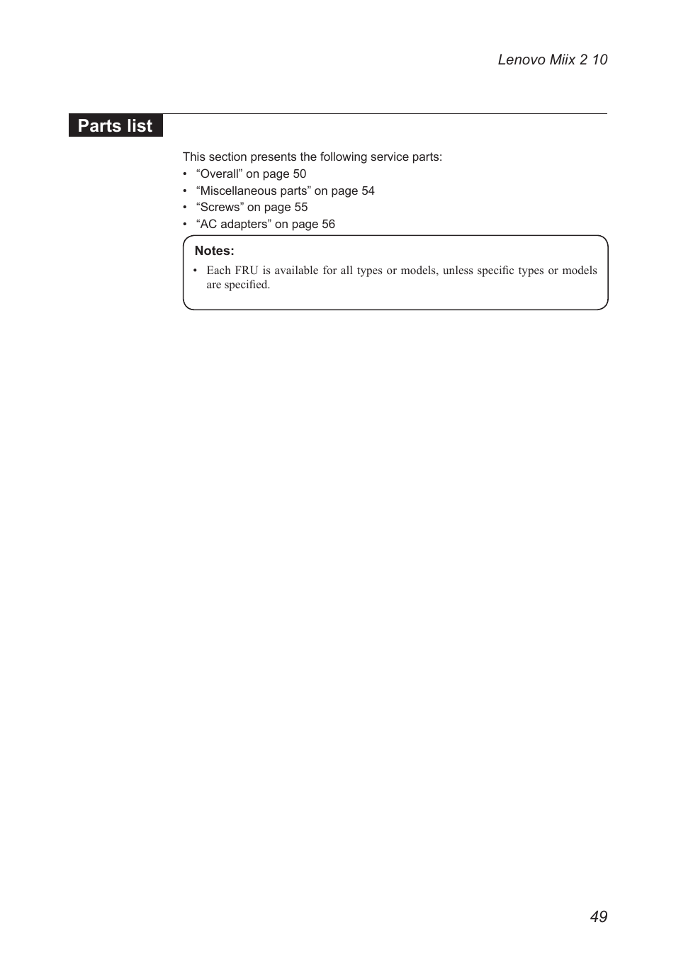 Parts list | Lenovo Miix 2 10 Tablet Lenovo User Manual | Page 53 / 62