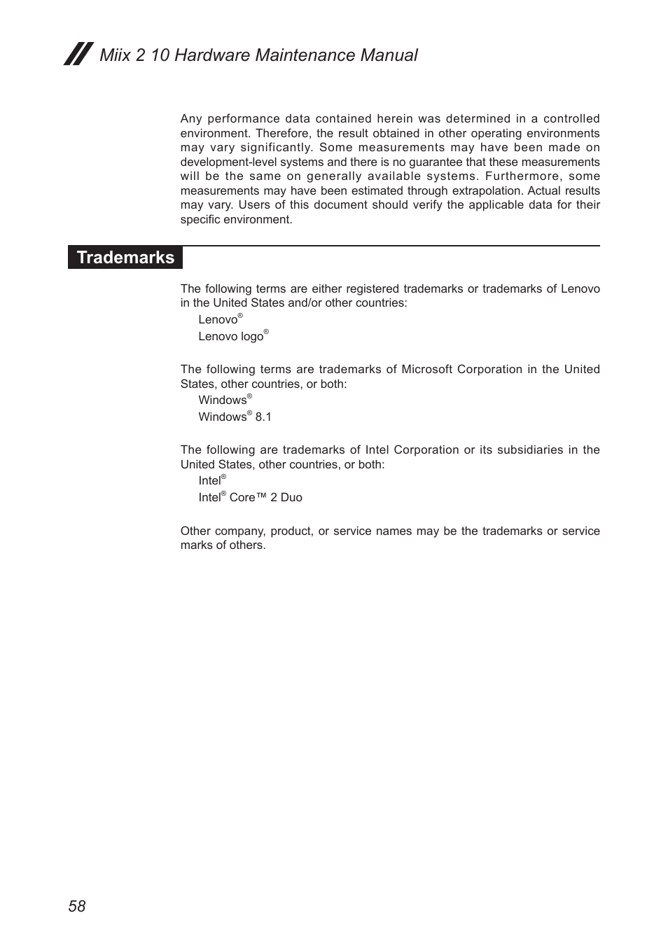 Trademarks, Miix 2 10 hardware maintenance manual | Lenovo Miix 2 10 Tablet Lenovo User Manual | Page 62 / 62