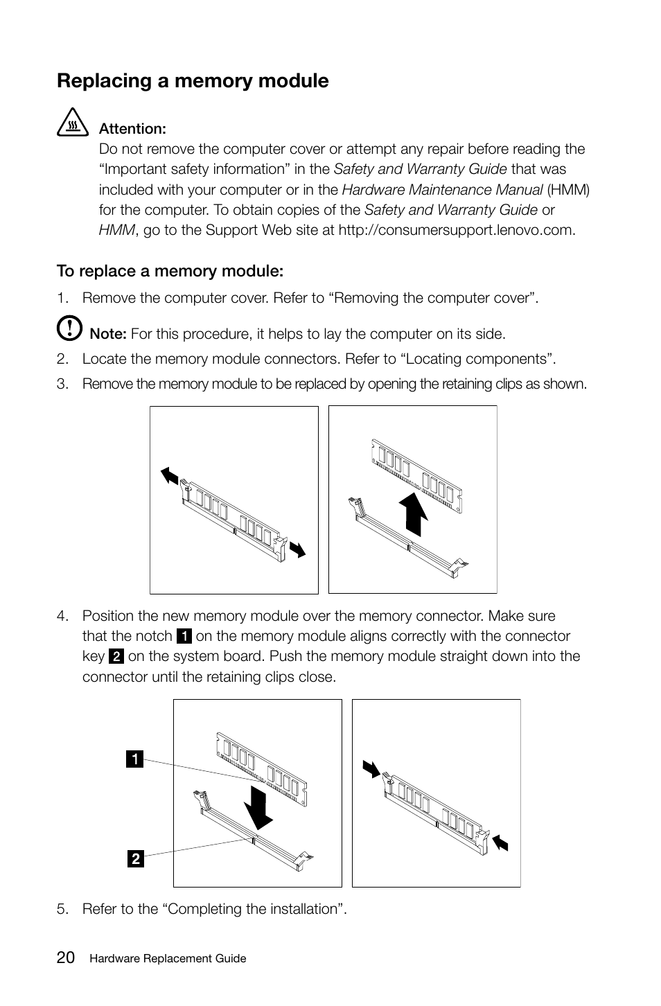 Replacing a memory module | Lenovo IdeaCentre K315 User Manual | Page 25 / 47