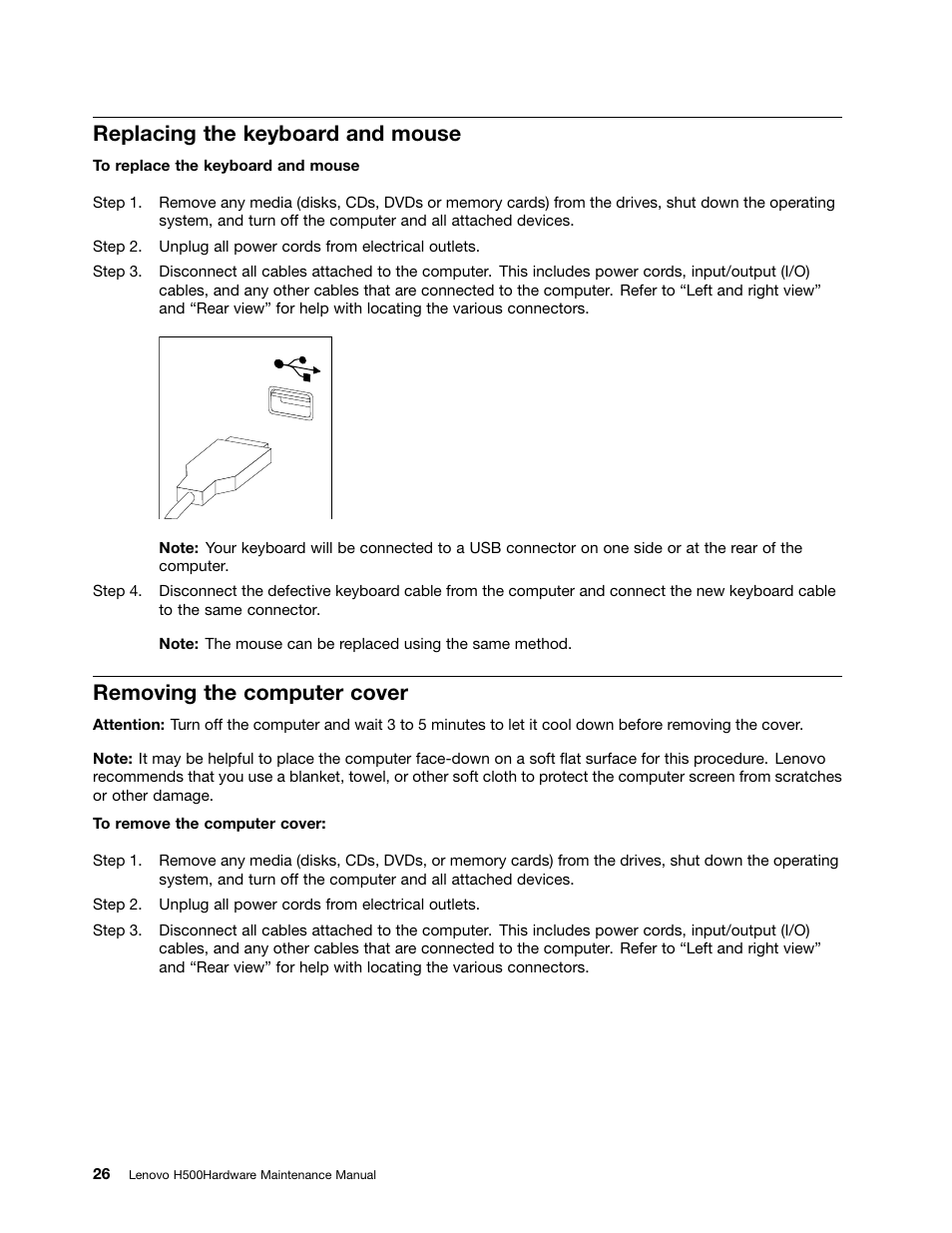 Replacing the keyboard and mouse, Removing the computer cover | Lenovo H500 Desktop User Manual | Page 32 / 51