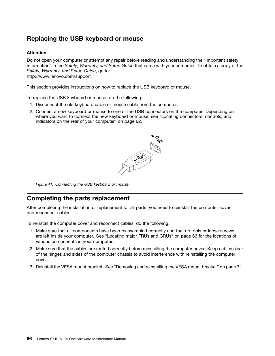 Replacing the usb keyboard or mouse, Completing the parts replacement | Lenovo S710 All-in-One User Manual | Page 102 / 118