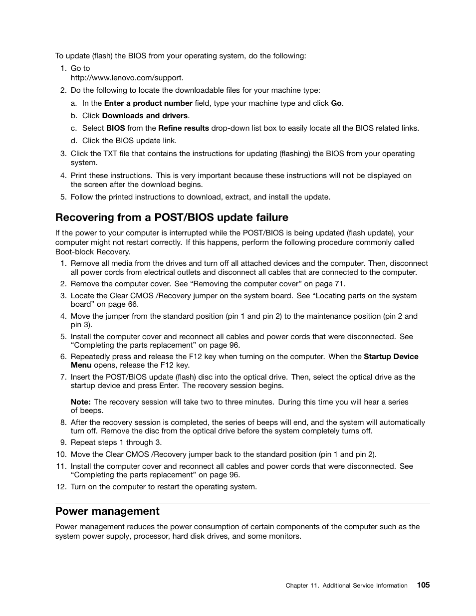 Recovering from a post/bios update failure, Power management | Lenovo S710 All-in-One User Manual | Page 111 / 118