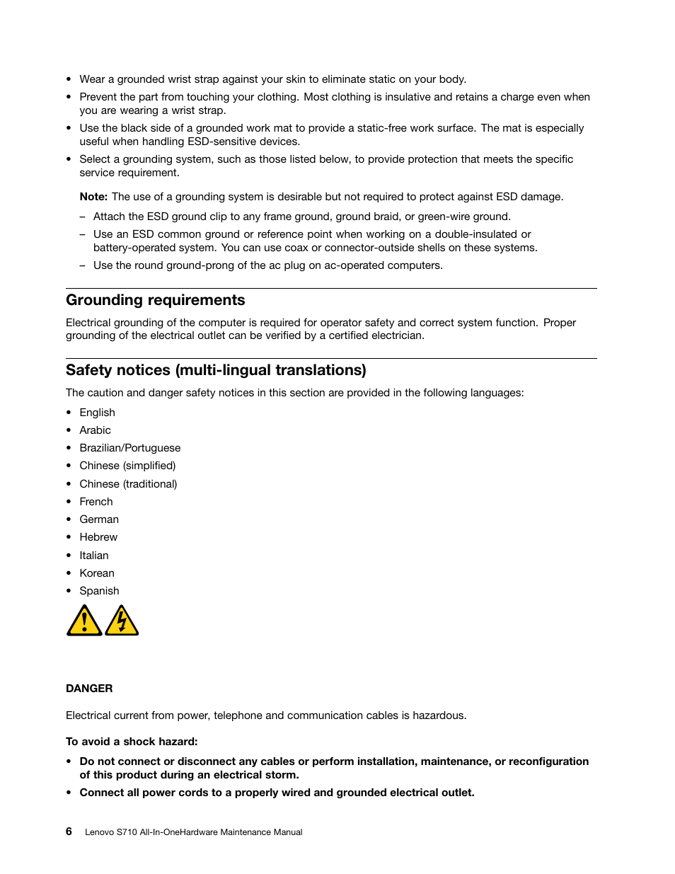 Grounding requirements, Safety notices (multi-lingual translations) | Lenovo S710 All-in-One User Manual | Page 12 / 118