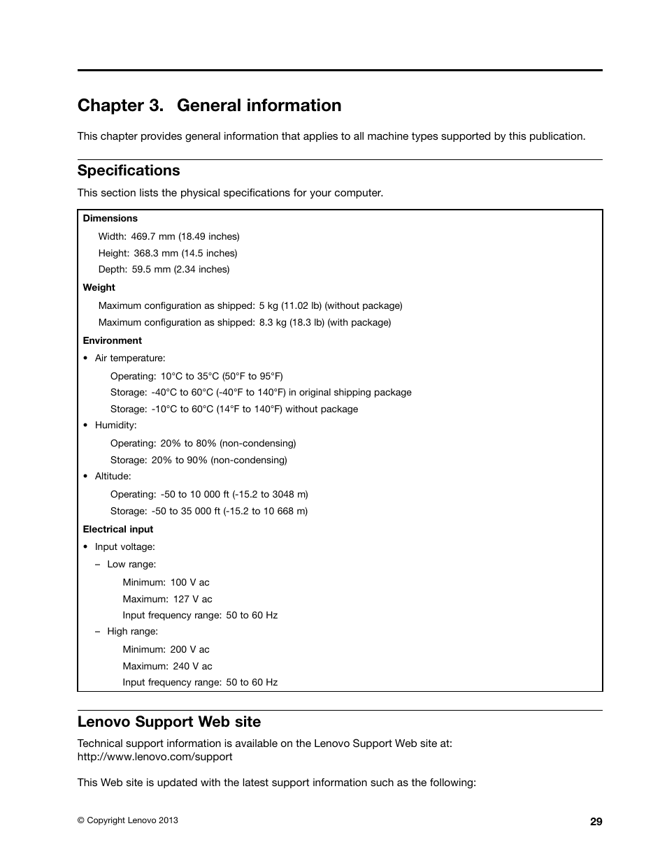 Chapter 3. general information, Specifications, Lenovo support web site | Lenovo S710 All-in-One User Manual | Page 35 / 118