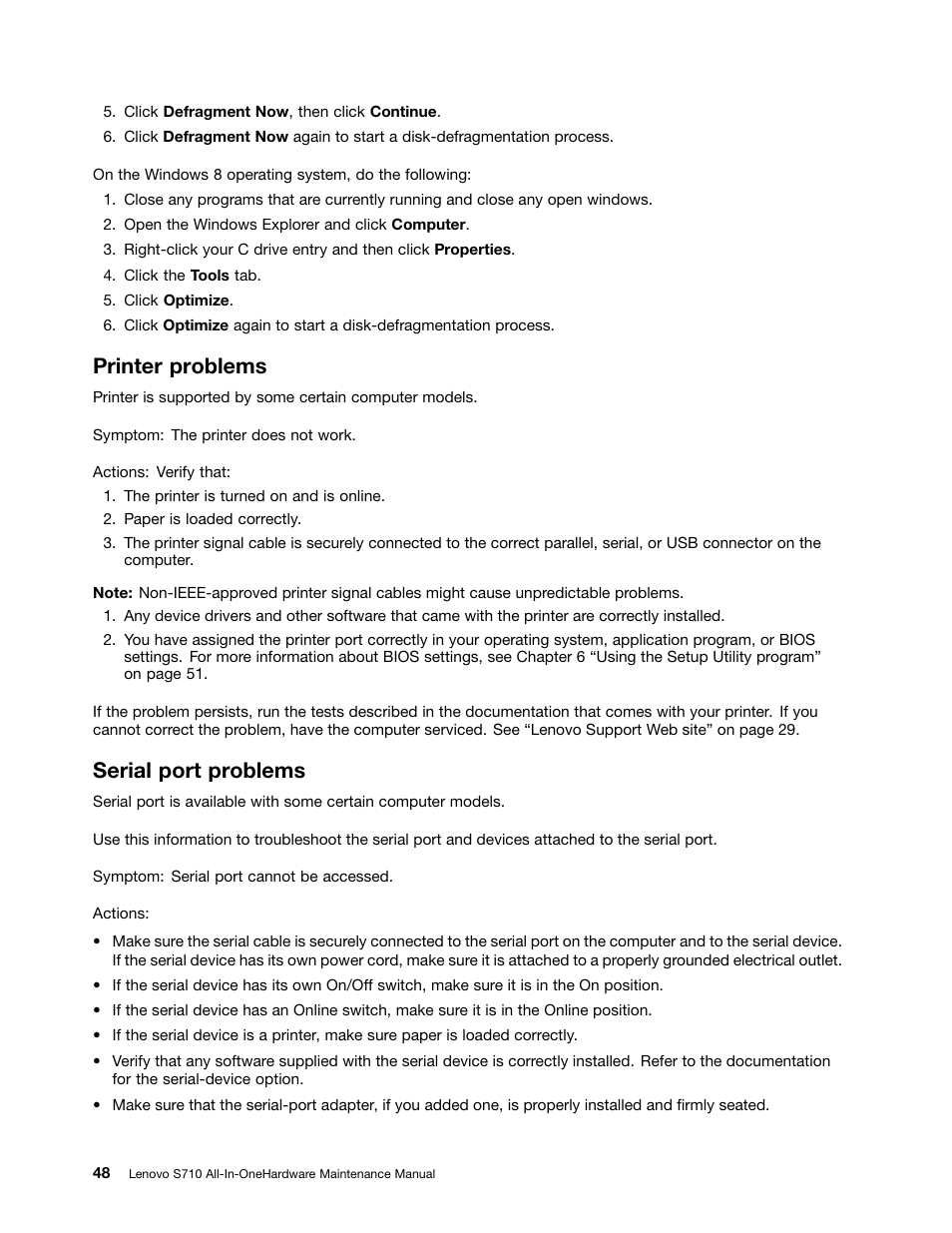 Printer problems, Serial port problems | Lenovo S710 All-in-One User Manual | Page 54 / 118