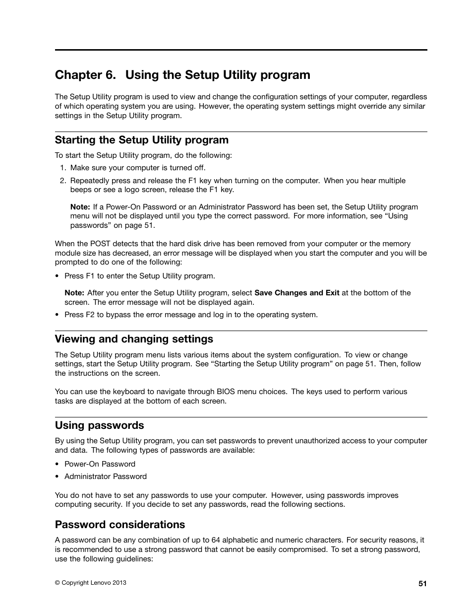 Chapter 6. using the setup utility program, Starting the setup utility program, Viewing and changing settings | Using passwords, Password considerations | Lenovo S710 All-in-One User Manual | Page 57 / 118