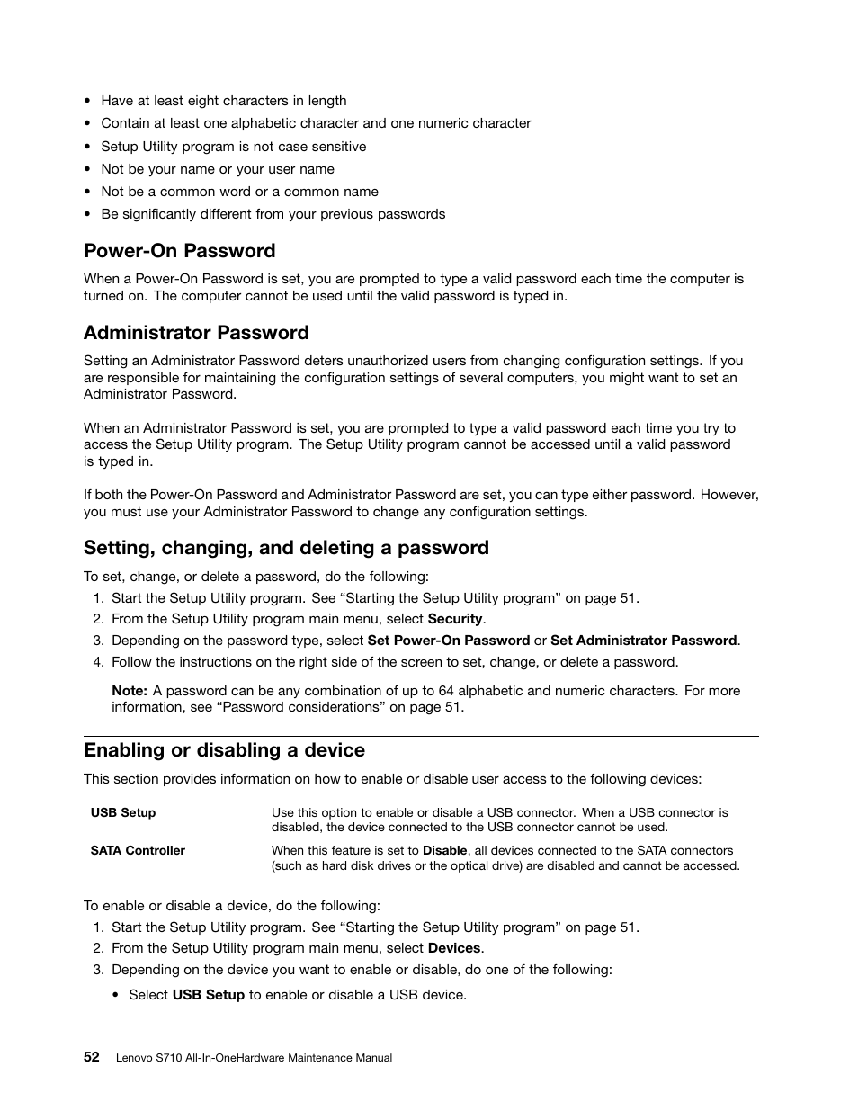 Power-on password, Administrator password, Setting, changing, and deleting a password | Enabling or disabling a device | Lenovo S710 All-in-One User Manual | Page 58 / 118