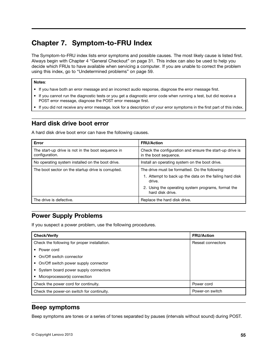 Chapter 7. symptom-to-fru index, Hard disk drive boot error, Power supply problems | Beep symptoms | Lenovo S710 All-in-One User Manual | Page 61 / 118