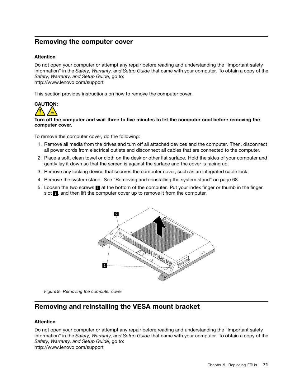 Removing the computer cover, Removing and reinstalling the vesa mount bracket | Lenovo S710 All-in-One User Manual | Page 77 / 118