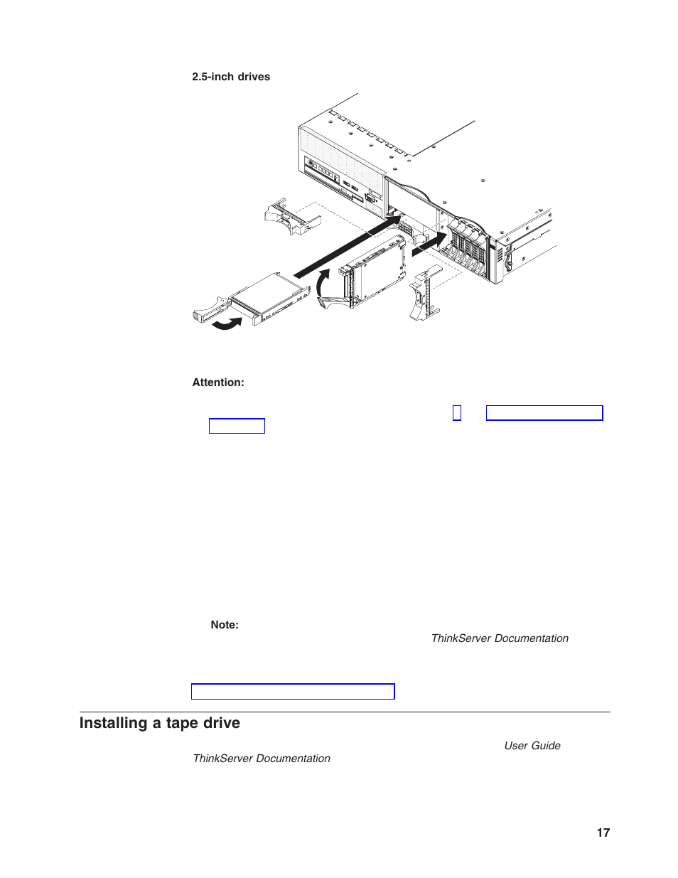 Installing a tape drive, Installing, Tape | Drive | Lenovo ThinkServer RD120 User Manual | Page 31 / 100