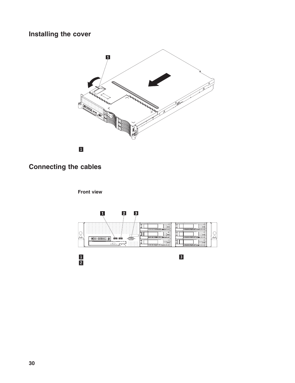 Installing the cover, Connecting the cables, Installing | Cover, Connecting, Cables | Lenovo ThinkServer RD120 User Manual | Page 44 / 100