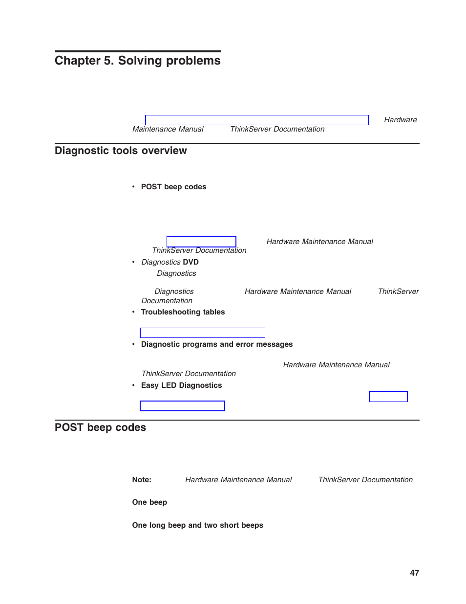 Chapter 5. solving problems, Diagnostic tools overview, Post beep codes | Chapter, Solving, Problems, Diagnostic, Tools, Overview, Post | Lenovo ThinkServer RD120 User Manual | Page 61 / 100