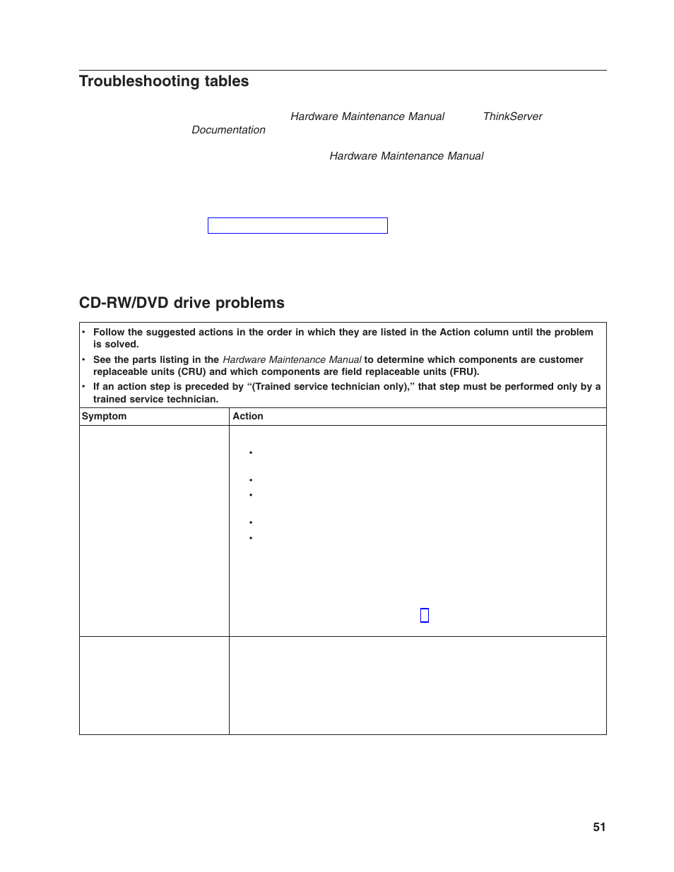 Troubleshooting tables, Cd-rw/dvd drive problems, Troubleshooting | Tables, Cd-rw/dvd, Drive, Problems | Lenovo ThinkServer RD120 User Manual | Page 65 / 100