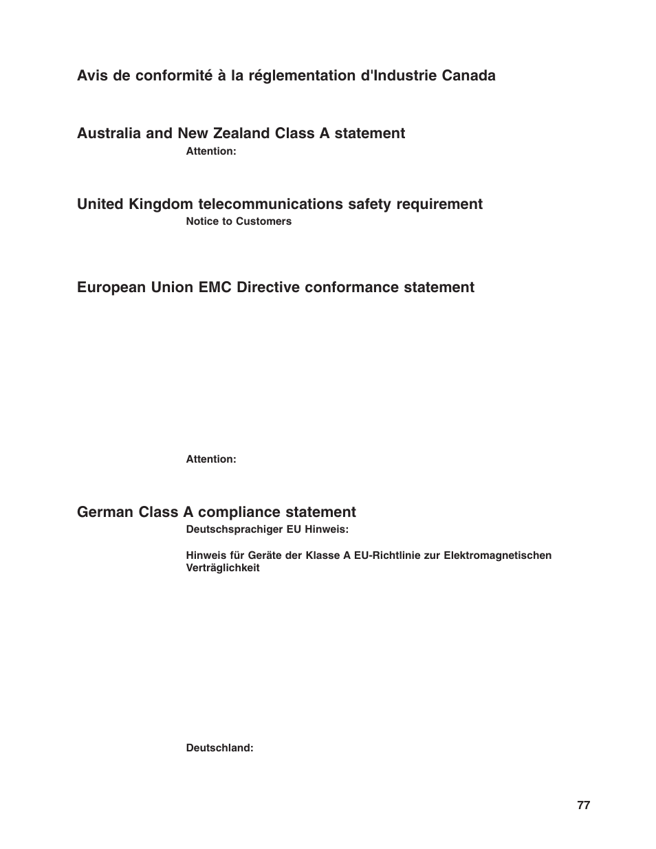 Australia and new zealand class a statement, European union emc directive conformance statement, German class a compliance statement | Avis, Conformité, Réglementation, D'industrie, Canada, Australia, Zealand | Lenovo ThinkServer RD120 User Manual | Page 91 / 100