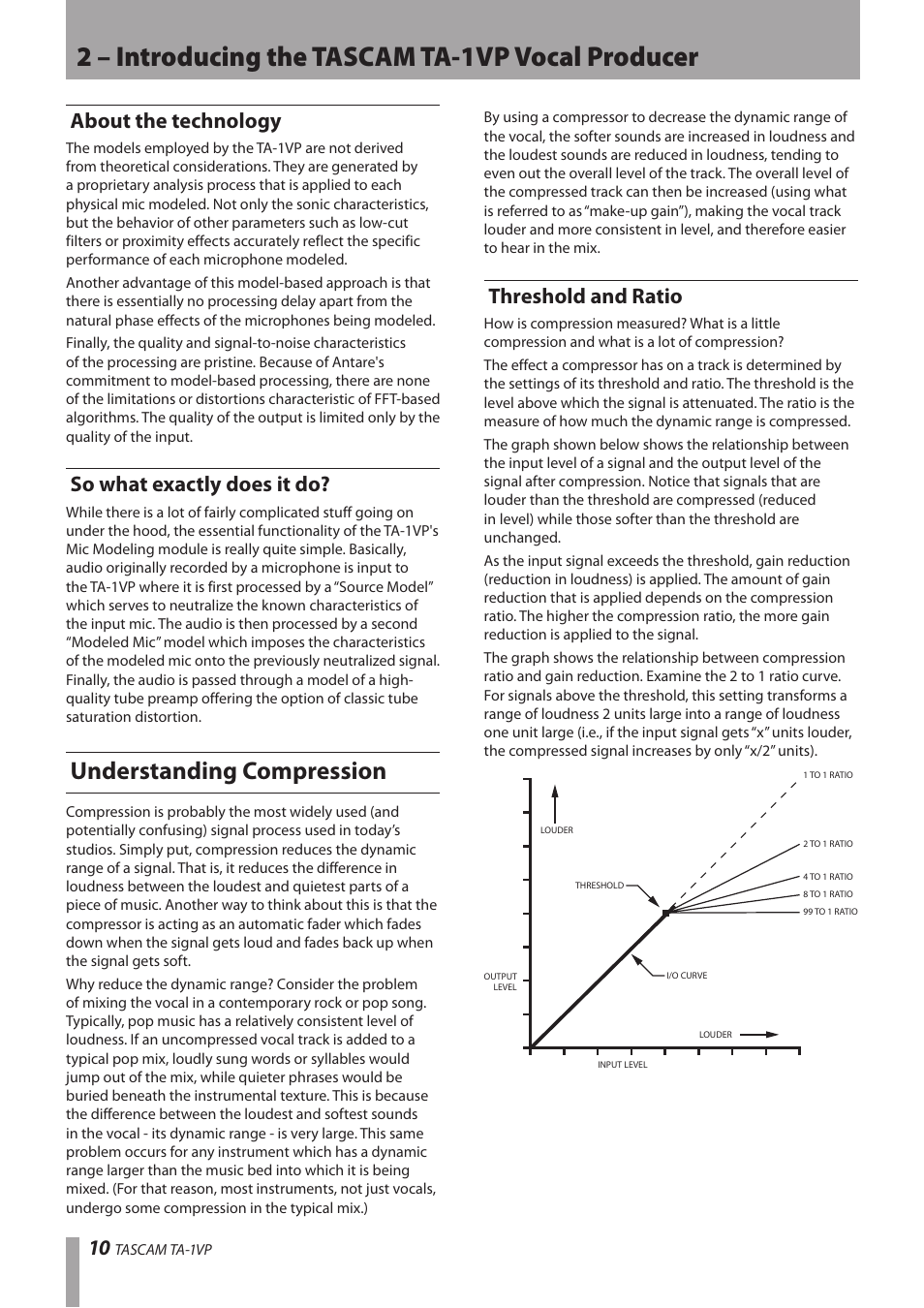 About the technology, So what exactly does it do, Understanding compression | Threshold and ratio, About the technology so what exactly does it do, 2 – introducing the tascam ta-1vp vocal producer | Antares TASCAM TA-1VP User Manual | Page 10 / 44