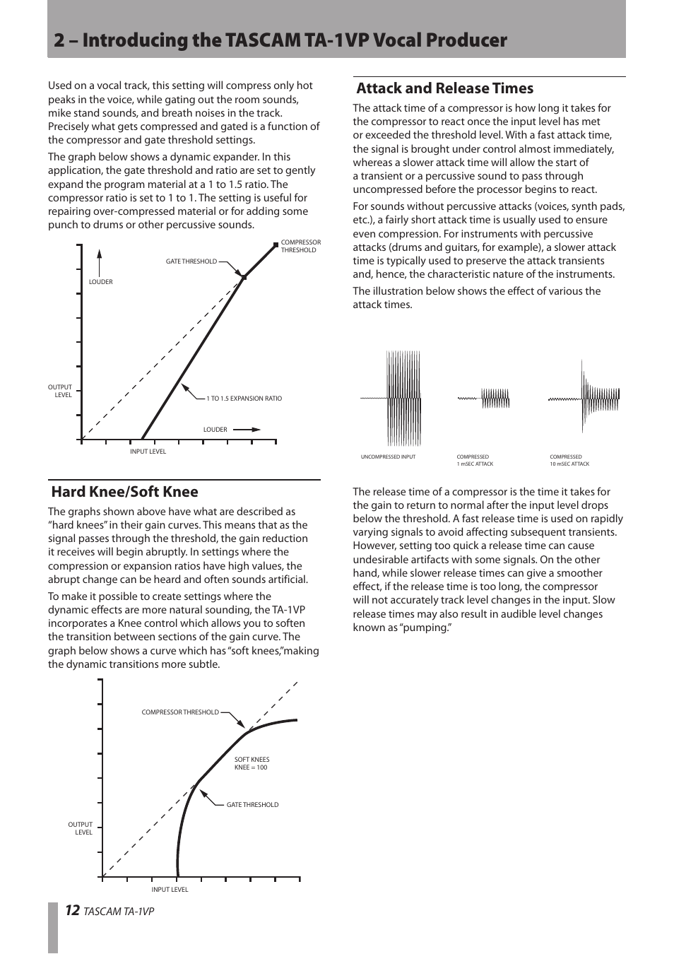 Hard knee/soft knee, Attack and release times, Hard knee/soft knee attack and release times | 2 – introducing the tascam ta-1vp vocal producer | Antares TASCAM TA-1VP User Manual | Page 12 / 44